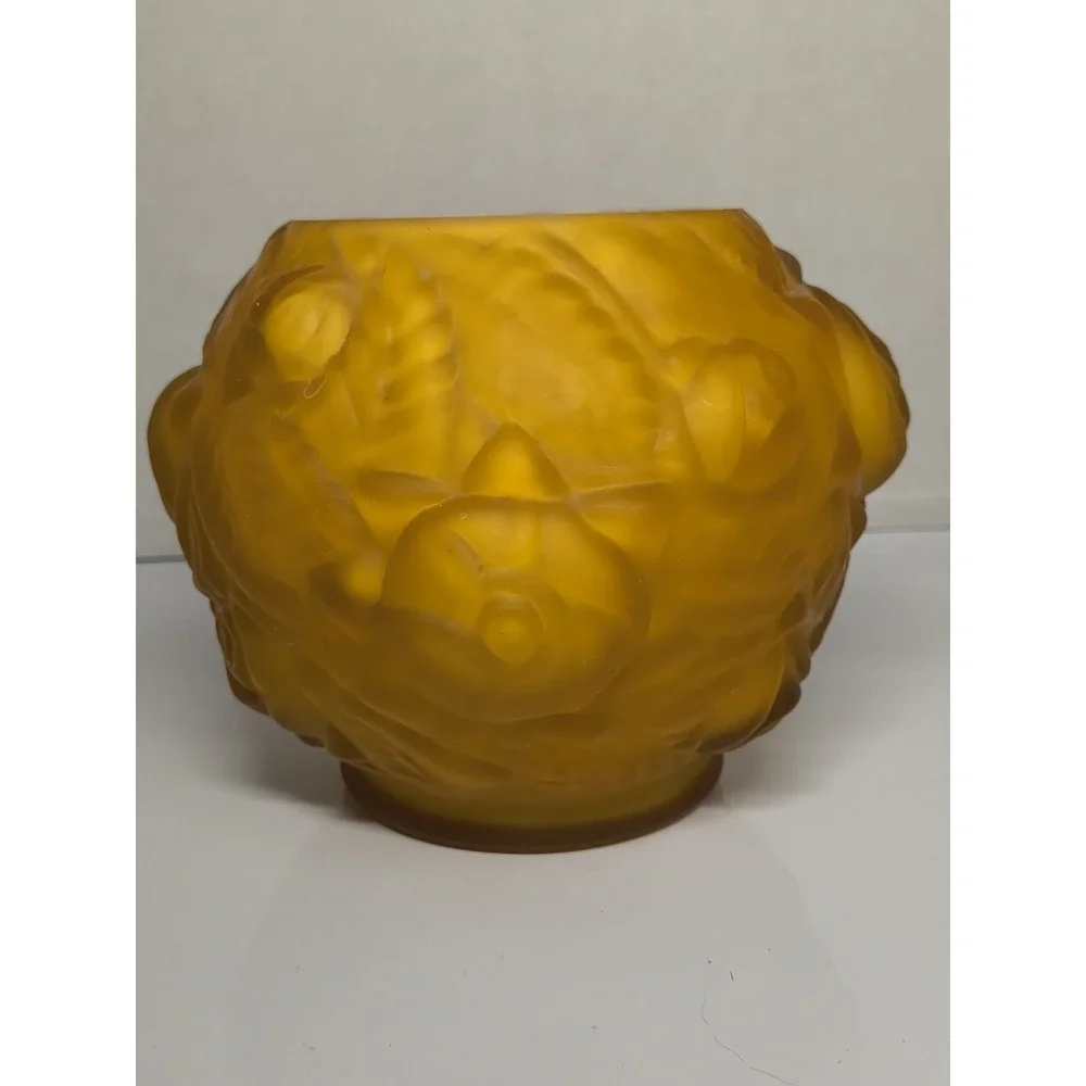Vintage LG Wright Fenton Puffy Rose Vase Cased Glass Amber Yellow Gold 3D Flower